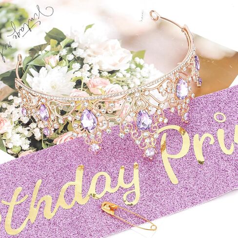 Birthday Crown Princess Tiara and Sash Set Purple Crystal Gold Tone for Women Girls Birthday Party Photo Shoot Costume Accessory in Saudi Arabia