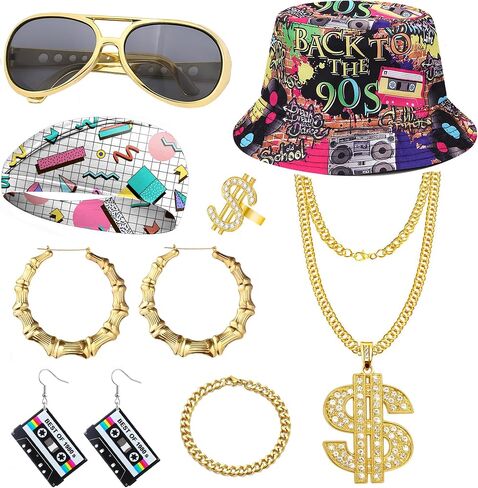 80s 90s Hip Hop Costume Kit Accessories Set for Women Men Rapper Outfits Bucket Hat Headband Ring Gold Dollar Sign Chain Sunglasses Retro Neon Cassette Tape Earrings Bamboo Hoop Earrings in Saudi Arabia