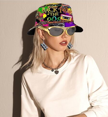 80s 90s Hip Hop Costume Kit Accessories Set for Women Men Rapper Outfits Bucket Hat Headband Ring Gold Dollar Sign Chain Sunglasses Retro Neon Cassette Tape Earrings Bamboo Hoop Earrings in Saudi Arabia