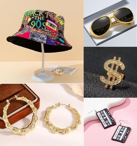 80s 90s Hip Hop Costume Kit Accessories Set for Women Men Rapper Outfits Bucket Hat Headband Ring Gold Dollar Sign Chain Sunglasses Retro Neon Cassette Tape Earrings Bamboo Hoop Earrings in Saudi Arabia
