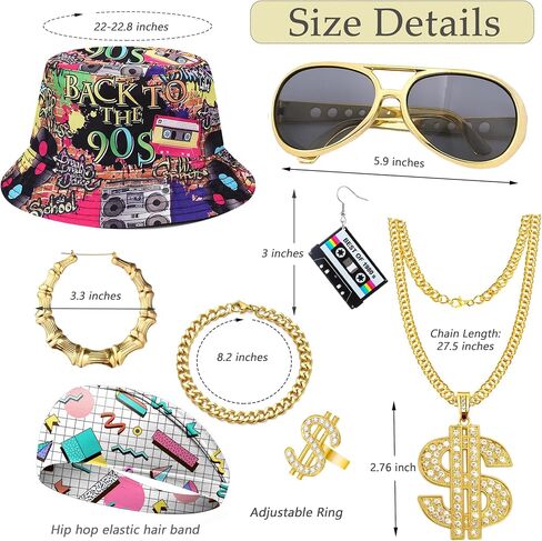 80s 90s Hip Hop Costume Kit Accessories Set for Women Men Rapper Outfits Bucket Hat Headband Ring Gold Dollar Sign Chain Sunglasses Retro Neon Cassette Tape Earrings Bamboo Hoop Earrings in Saudi Arabia