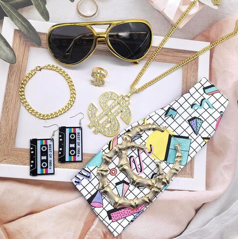 80s 90s Hip Hop Costume Kit Accessories Set for Women Men Rapper Outfits Bucket Hat Headband Ring Gold Dollar Sign Chain Sunglasses Retro Neon Cassette Tape Earrings Bamboo Hoop Earrings in Saudi Arabia