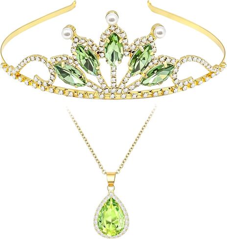 Princess Crown Costume Accessories for Women Adult, Green Tiara and Necklace Set for Halloween Dress Up in Saudi Arabia