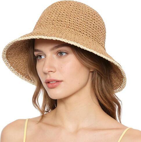 Summer Straw Beach Sun Hat for Women UV Production Floppy Travel Bucket Hat Foldable Packable Hats in Kuwait