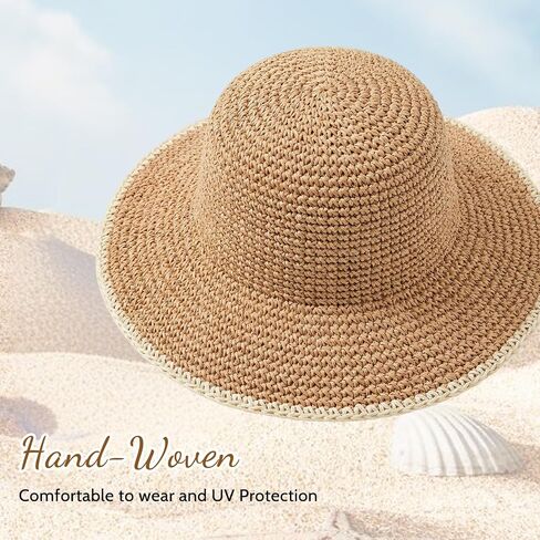 Summer Straw Beach Sun Hat for Women UV Production Floppy Travel Bucket Hat Foldable Packable Hats in Kuwait