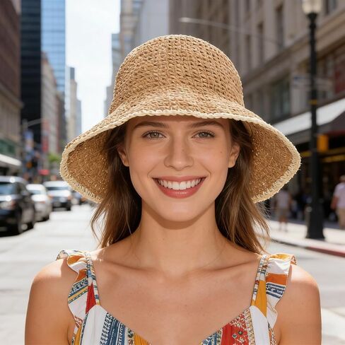Summer Straw Beach Sun Hat for Women UV Production Floppy Travel Bucket Hat Foldable Packable Hats in Kuwait