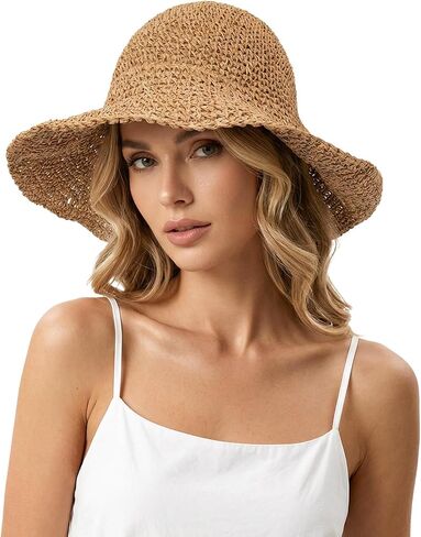 Summer Straw Hats for Women Foldable Beach Wide Brim Packable Sun Hat Brown in Saudi Arabia