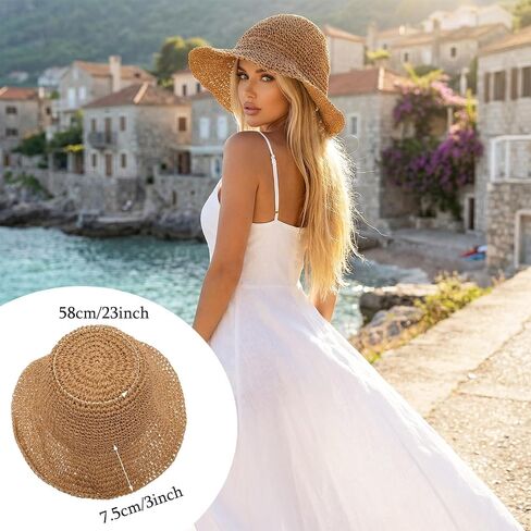 Summer Straw Hats for Women Foldable Beach Wide Brim Packable Sun Hat Brown in Saudi Arabia