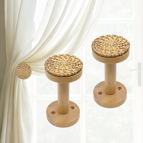 Curtain Holdbacks, Rattan Tiebacks Pack of 2, Boho Wall Mounted Wooden Hooks for Door & Window, Holds Sheer and Blackout Curtains (Natural) in Saudi Arabia