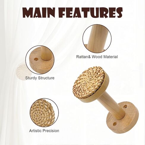 Curtain Holdbacks, Rattan Tiebacks Pack of 2, Boho Wall Mounted Wooden Hooks for Door & Window, Holds Sheer and Blackout Curtains (Natural) in Saudi Arabia