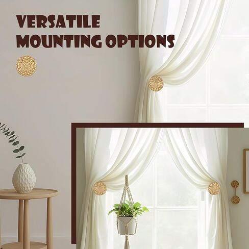 Curtain Holdbacks, Rattan Tiebacks Pack of 2, Boho Wall Mounted Wooden Hooks for Door & Window, Holds Sheer and Blackout Curtains (Natural) in Saudi Arabia