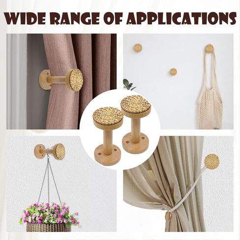 Curtain Holdbacks, Rattan Tiebacks Pack of 2, Boho Wall Mounted Wooden Hooks for Door & Window, Holds Sheer and Blackout Curtains (Natural) in Saudi Arabia
