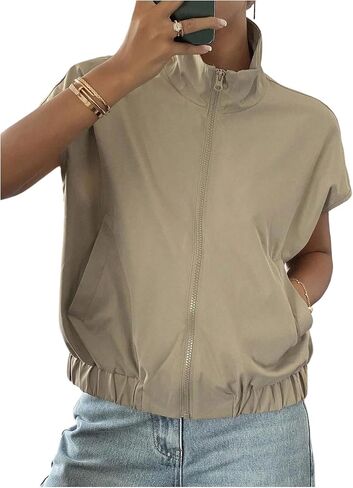 SHENHE Women's Zip Up Short Sleeve Jacket Stand Collar Lightweight Bomber Jacket with Pockets in Kuwait