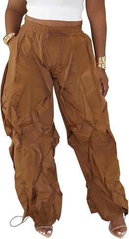 Women's Ruffle Fringe Parachute Pants,Wide Leg Jogger Sweatpants with Drawstring,Elastic Waist Baggy Lantern Style in Saudi Arabia