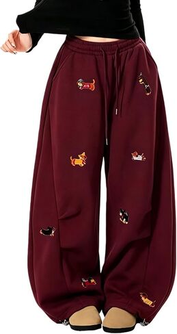 FCOOLYEET Womens Baggy Sweatpants Y2k Embroidery Puppy Cute Sweat Pants Elastic Drawstring Wide Leg Pants Trouser in Saudi Arabia