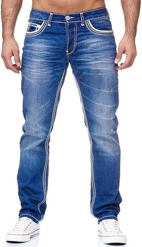 Mens Double Stitch Jeans Casual Straight Leg Denim Pants European American Style Long Pants Streetwear Everyday Wear in Kuwait