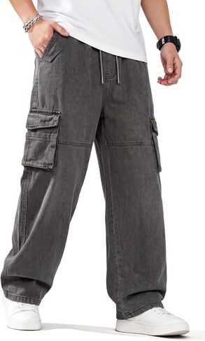 Heyfanee Mens Baggy Cargo Jeans Wide Leg Y2K Elastic Waist Denim Pants for Men with Drawstring Streetwear in Saudi Arabia