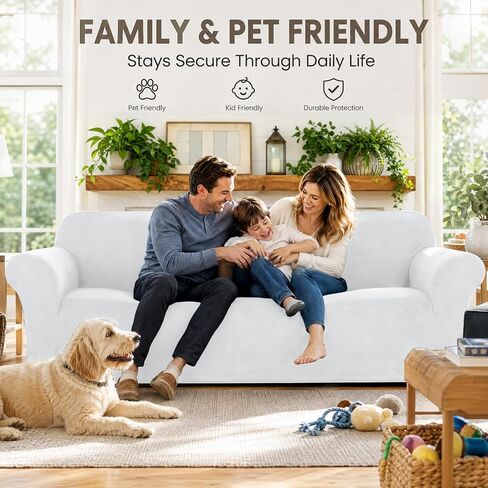 YEMYHOM Real Velvet Couch Covers for 3 Cushion Couch High Stretch 1 Piece Sofa Cover Pets Dogs Friendly Anti Slip Thickened Slipcovers Furniture Protector for Living Room (71"-91", White) in Saudi Arabia