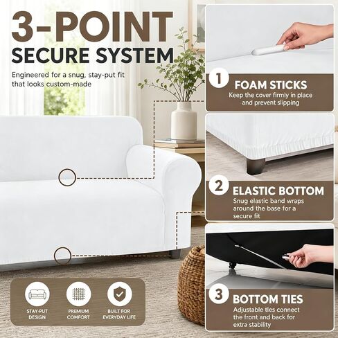 YEMYHOM Real Velvet Couch Covers for 3 Cushion Couch High Stretch 1 Piece Sofa Cover Pets Dogs Friendly Anti Slip Thickened Slipcovers Furniture Protector for Living Room (71"-91", White) in Saudi Arabia