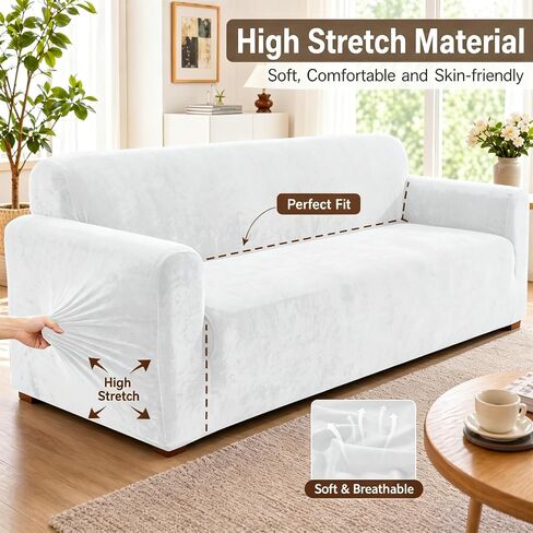 YEMYHOM Real Velvet Couch Covers for 3 Cushion Couch High Stretch 1 Piece Sofa Cover Pets Dogs Friendly Anti Slip Thickened Slipcovers Furniture Protector for Living Room (71"-91", White) in Saudi Arabia