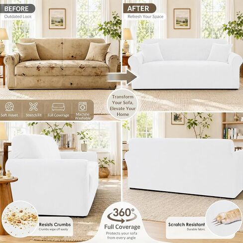 YEMYHOM Real Velvet Couch Covers for 3 Cushion Couch High Stretch 1 Piece Sofa Cover Pets Dogs Friendly Anti Slip Thickened Slipcovers Furniture Protector for Living Room (71"-91", White) in Saudi Arabia