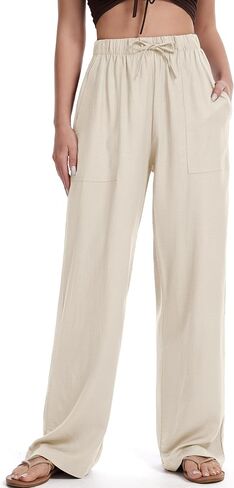 Womens Linen Pants Wide Leg Drawstring Palazzo Casual Beach Summer Pants for Women with Pockets 2026 in Kuwait