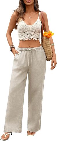Women's 100% Linen Pants Drawstring Casual Summer Beach in Saudi Arabia