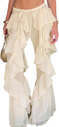 Unybwonn Womens High Waisted Ruffle Flare Pants Mesh Sheer Solid Color Wide Leg Flowy Beach Travel Trousers in Saudi Arabia