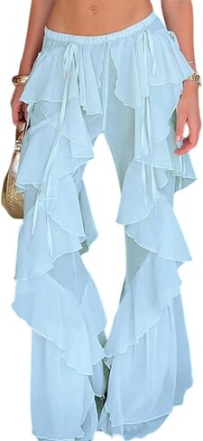 Unybwonn Womens High Waisted Ruffle Flare Pants Mesh Sheer Solid Color Wide Leg Flowy Beach Travel Trousers in Saudi Arabia
