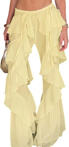 Unybwonn Womens High Waisted Ruffle Flare Pants Mesh Sheer Solid Color Wide Leg Flowy Beach Travel Trousers in Saudi Arabia