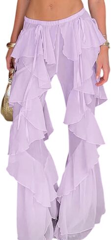 Unybwonn Womens High Waisted Ruffle Flare Pants Mesh Sheer Solid Color Wide Leg Flowy Beach Travel Trousers in Saudi Arabia