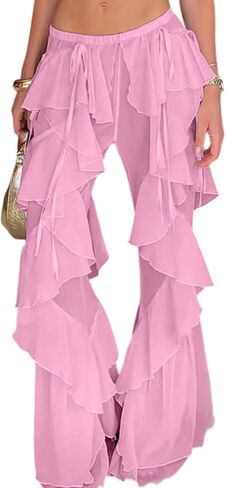 Unybwonn Womens High Waisted Ruffle Flare Pants Mesh Sheer Solid Color Wide Leg Flowy Beach Travel Trousers in Saudi Arabia
