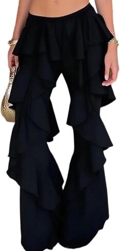 Unybwonn Womens High Waisted Ruffle Flare Pants Mesh Sheer Solid Color Wide Leg Flowy Beach Travel Trousers in Saudi Arabia