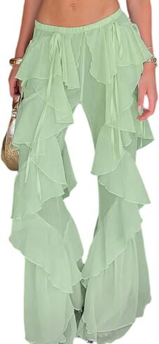 Unybwonn Womens High Waisted Ruffle Flare Pants Mesh Sheer Solid Color Wide Leg Flowy Beach Travel Trousers in Saudi Arabia