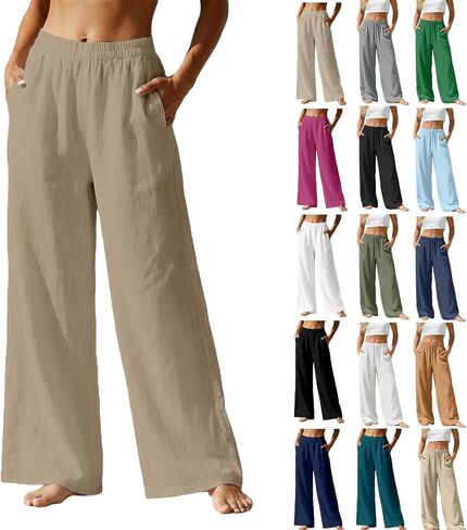 Linen Wide Leg Pants for Women Drawstring&Pull On Trousers with Pockets 2026 Summer Beach Causal Travel Flowy Pant in Kuwait