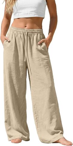 Linen Wide Leg Pants for Women Drawstring&Pull On Trousers with Pockets 2026 Summer Beach Causal Travel Flowy Pant in Kuwait
