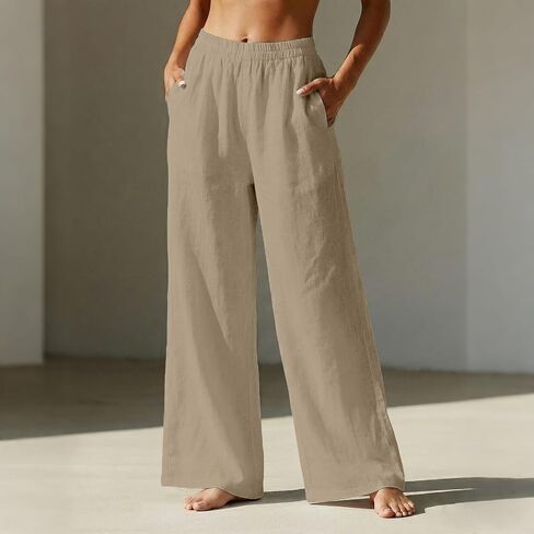 Linen Wide Leg Pants for Women Drawstring&Pull On Trousers with Pockets 2026 Summer Beach Causal Travel Flowy Pant in Kuwait