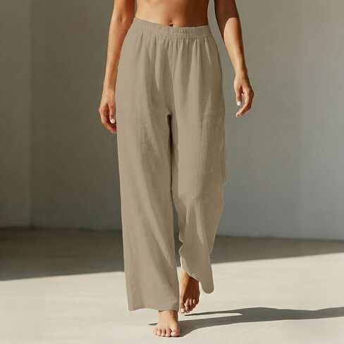 Linen Wide Leg Pants for Women Drawstring&Pull On Trousers with Pockets 2026 Summer Beach Causal Travel Flowy Pant in Kuwait