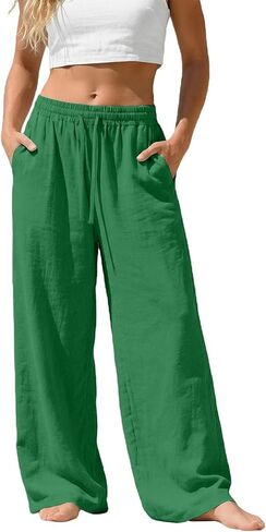 Linen Wide Leg Pants for Women Drawstring&Pull On Trousers with Pockets 2026 Summer Beach Causal Travel Flowy Pant in Kuwait