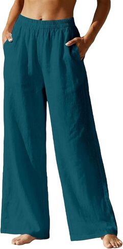Linen Wide Leg Pants for Women Drawstring&Pull On Trousers with Pockets 2026 Summer Beach Causal Travel Flowy Pant in Kuwait