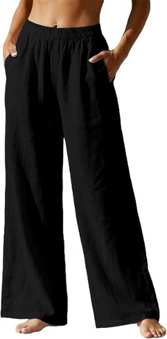 Linen Wide Leg Pants for Women Drawstring&Pull On Trousers with Pockets 2026 Summer Beach Causal Travel Flowy Pant in Kuwait