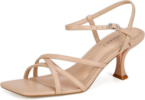 Women's Kitten Heels Strappy Square Open Toe Heels for Women Mid Ankle Strap Heeled Sandals in Kuwait
