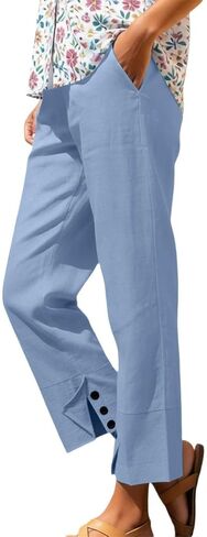 Linen Pants for Women Casual Cropped Trousers Loose Summer Beach Pant with Pockets Vacation Outfits Trendy Clothes in Saudi Arabia