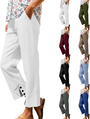 Linen Pants for Women Casual Cropped Trousers Loose Summer Beach Pant with Pockets Vacation Outfits Trendy Clothes in Saudi Arabia