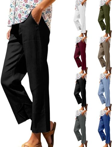 Linen Pants for Women Casual Cropped Trousers Loose Summer Beach Pant with Pockets Vacation Outfits Trendy Clothes in Saudi Arabia