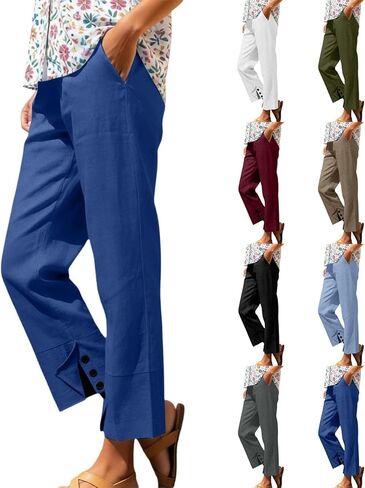 Linen Pants for Women Casual Cropped Trousers Loose Summer Beach Pant with Pockets Vacation Outfits Trendy Clothes in Saudi Arabia