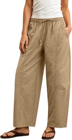 Lviefent Womens Barrel Pants Casual Drawstring Elastic Waist Crop Wide Leg Parachute Pants with Pockets in Saudi Arabia