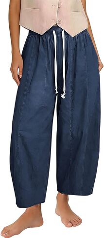 SMIDOW Barrel Pants Women Wide Leg Cotton Linen Palazzo Pants Elastic Waist Drawstring Beach Vacation Cropped Summer Trousers in Saudi Arabia
