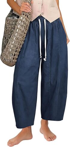SMIDOW Barrel Pants Women Wide Leg Cotton Linen Palazzo Pants Elastic Waist Drawstring Beach Vacation Cropped Summer Trousers in Saudi Arabia