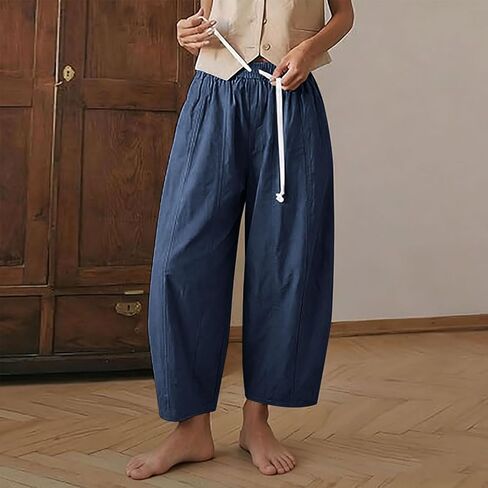 SMIDOW Barrel Pants Women Wide Leg Cotton Linen Palazzo Pants Elastic Waist Drawstring Beach Vacation Cropped Summer Trousers in Saudi Arabia